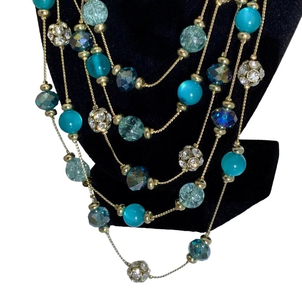Glass Bead Crystal Necklace Cascade 5 Layer Faceted Sparkly By M. Haskell Blues